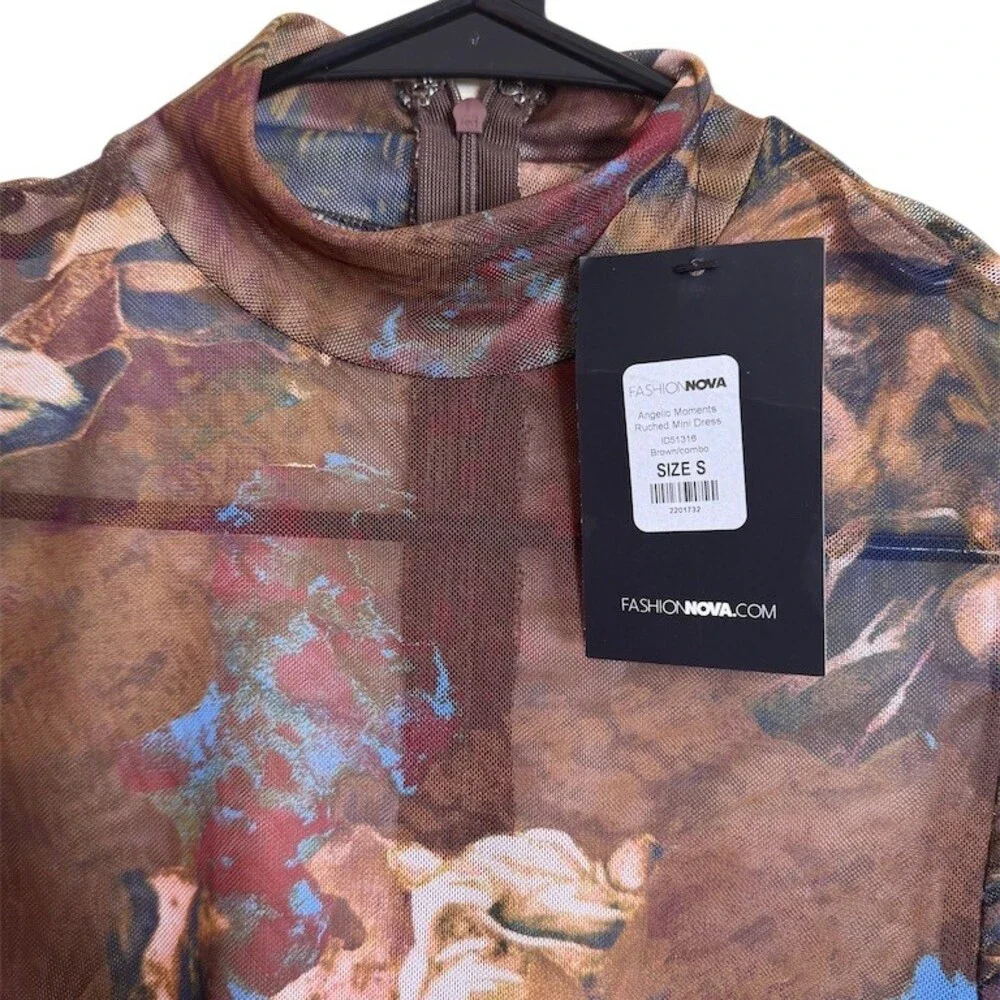 Fashion Nova Midi Dress Womens Small Brown Floral Ruched Mesh Long Sleeve - Picture 5 of 7